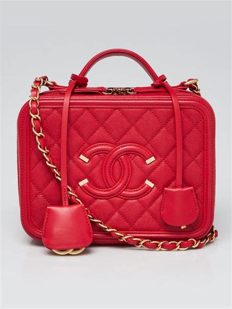 Red Quilted Caviar Leather Filigree Vanity Case Bag